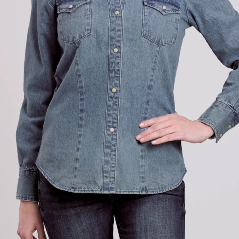 Roper Womenβs Long Western Sleeve Denim Snap Front Shirt Blue Wash Size L #00209